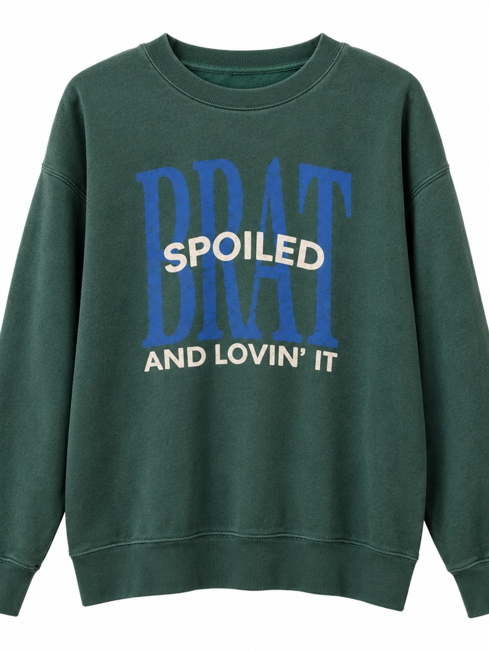 Spoiled Green Sweater with Blue and Cream Graphics
